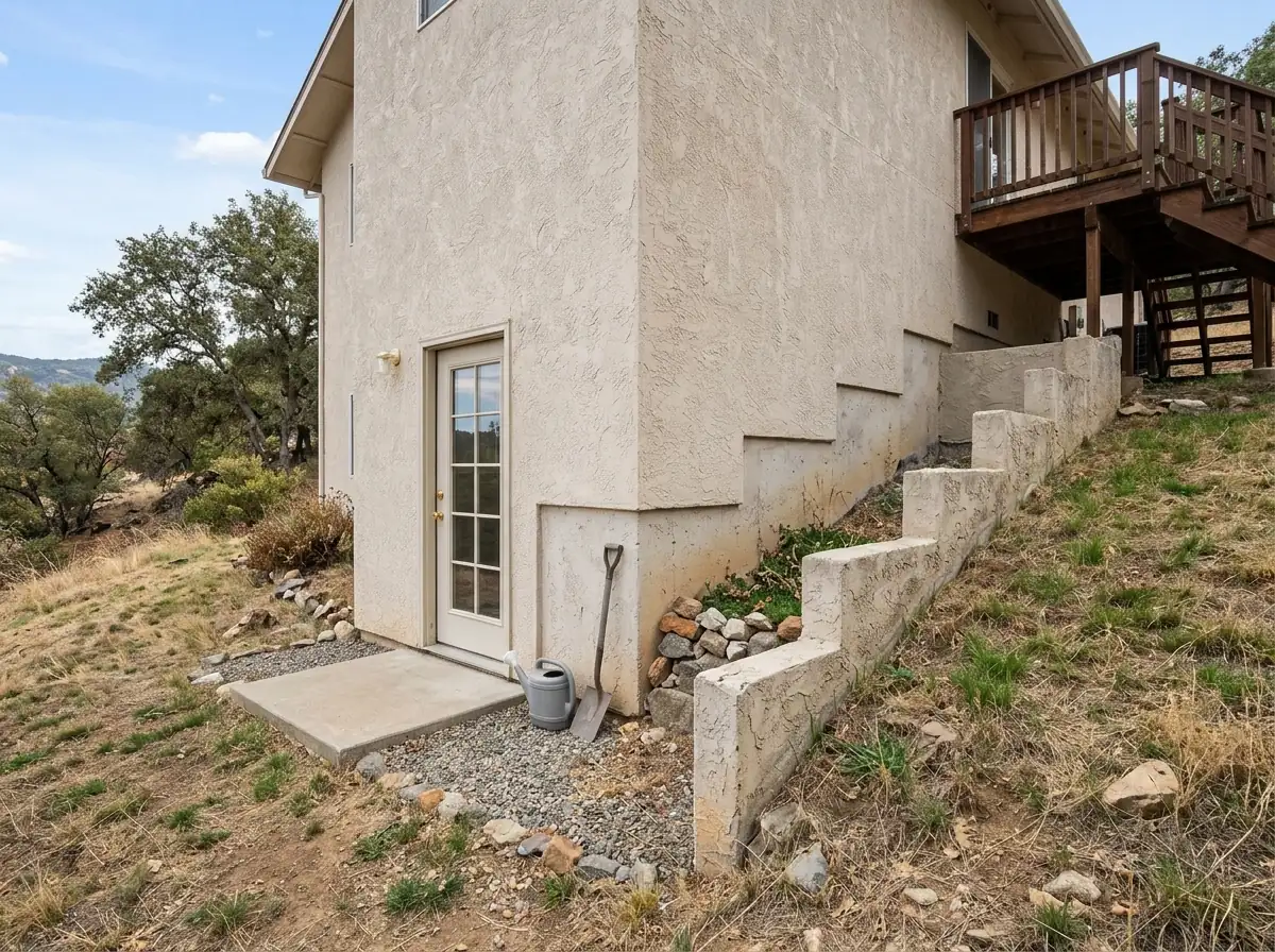 A partial walkout basement corner where the side wall steps down along a sloped yard beside a single exterior door