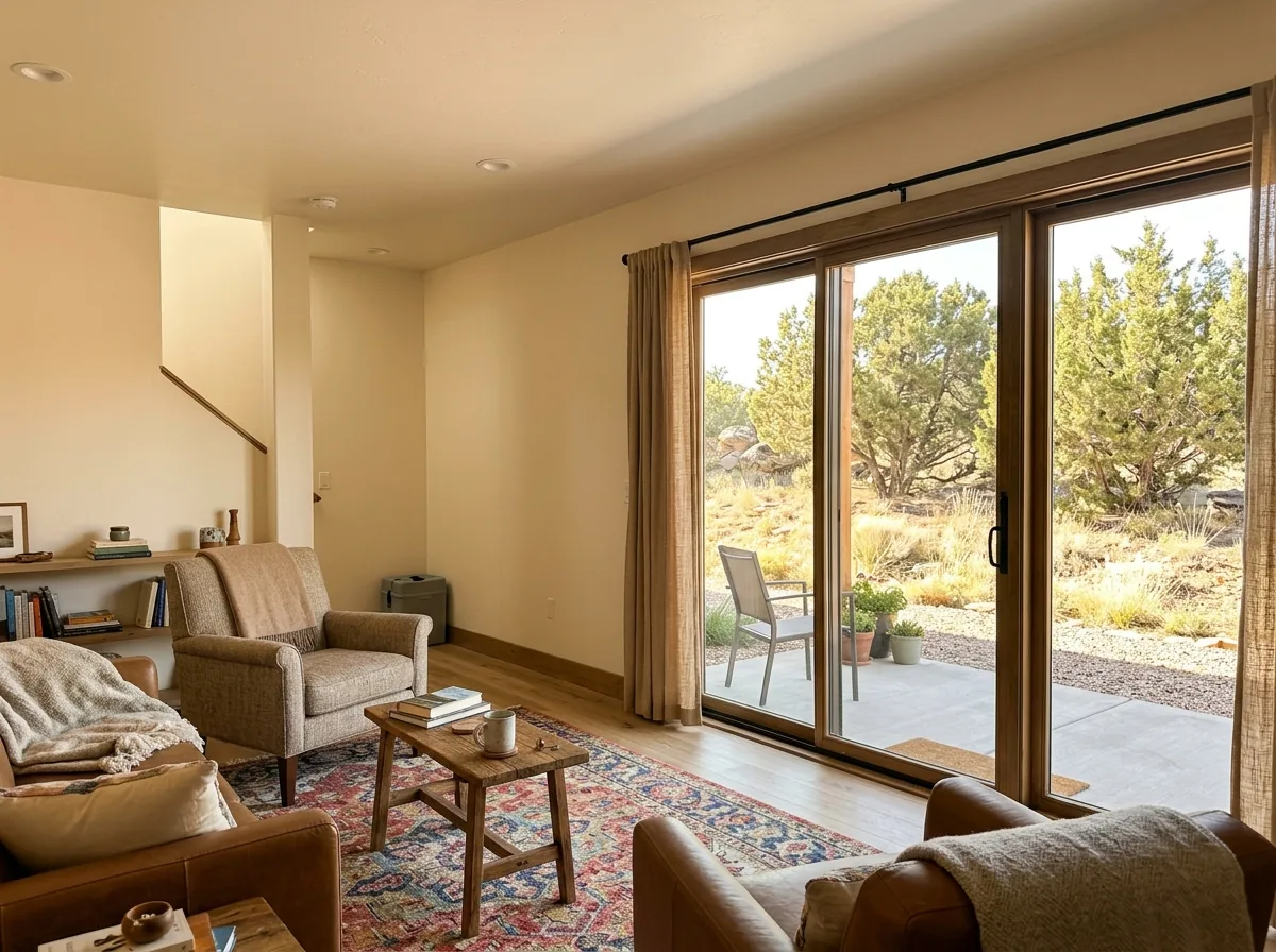 A finished walkout basement lounge with a wide sliding patio door at ground level opening to a sunny yard with junipers