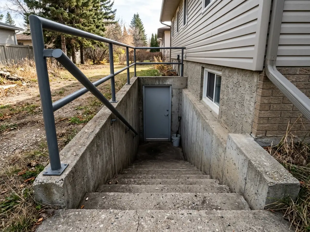 An exterior concrete stairwell leading down to a basement entry door beside a house foundation