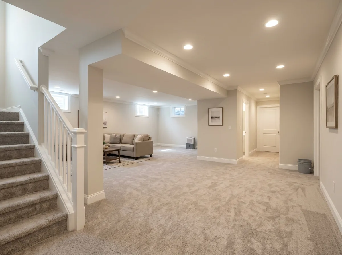 A whole finished basement level seen from the stairs, with an open family area, a hallway to a bedroom and a drywall soffit over the ductwork
